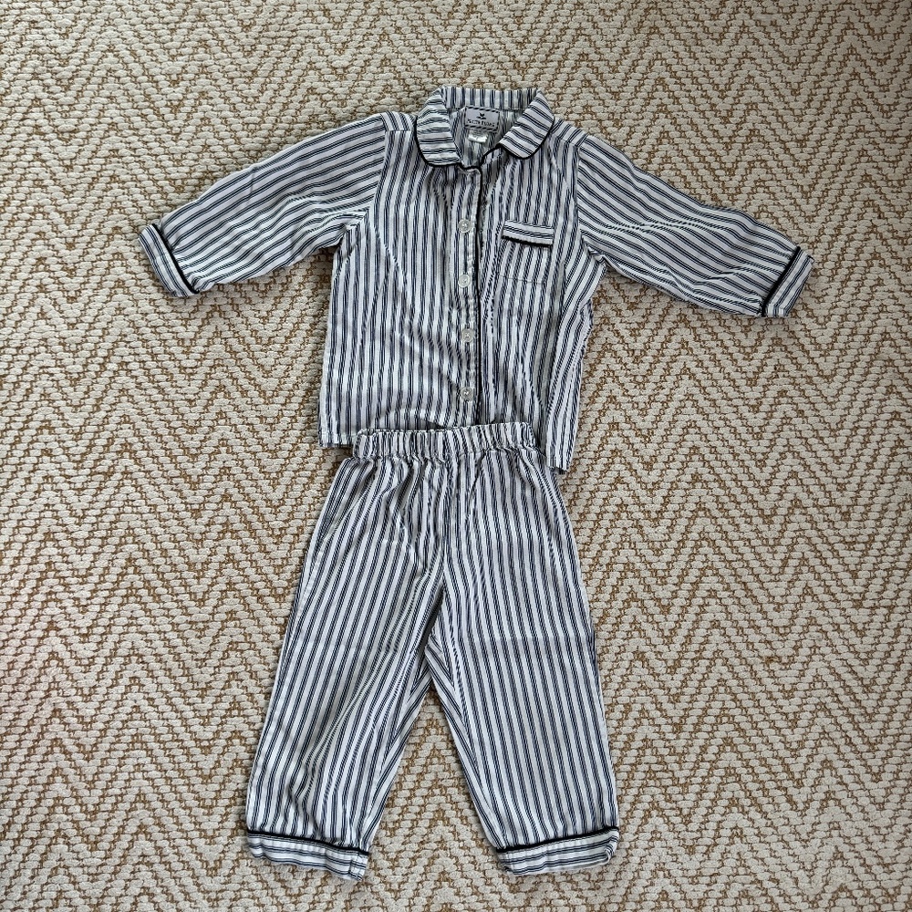 Petite Plume Pajamas, Size 3T, Blue and White French Ticking Stripe